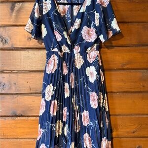 Floral Midi Dress - Navy with Pink Blooms
